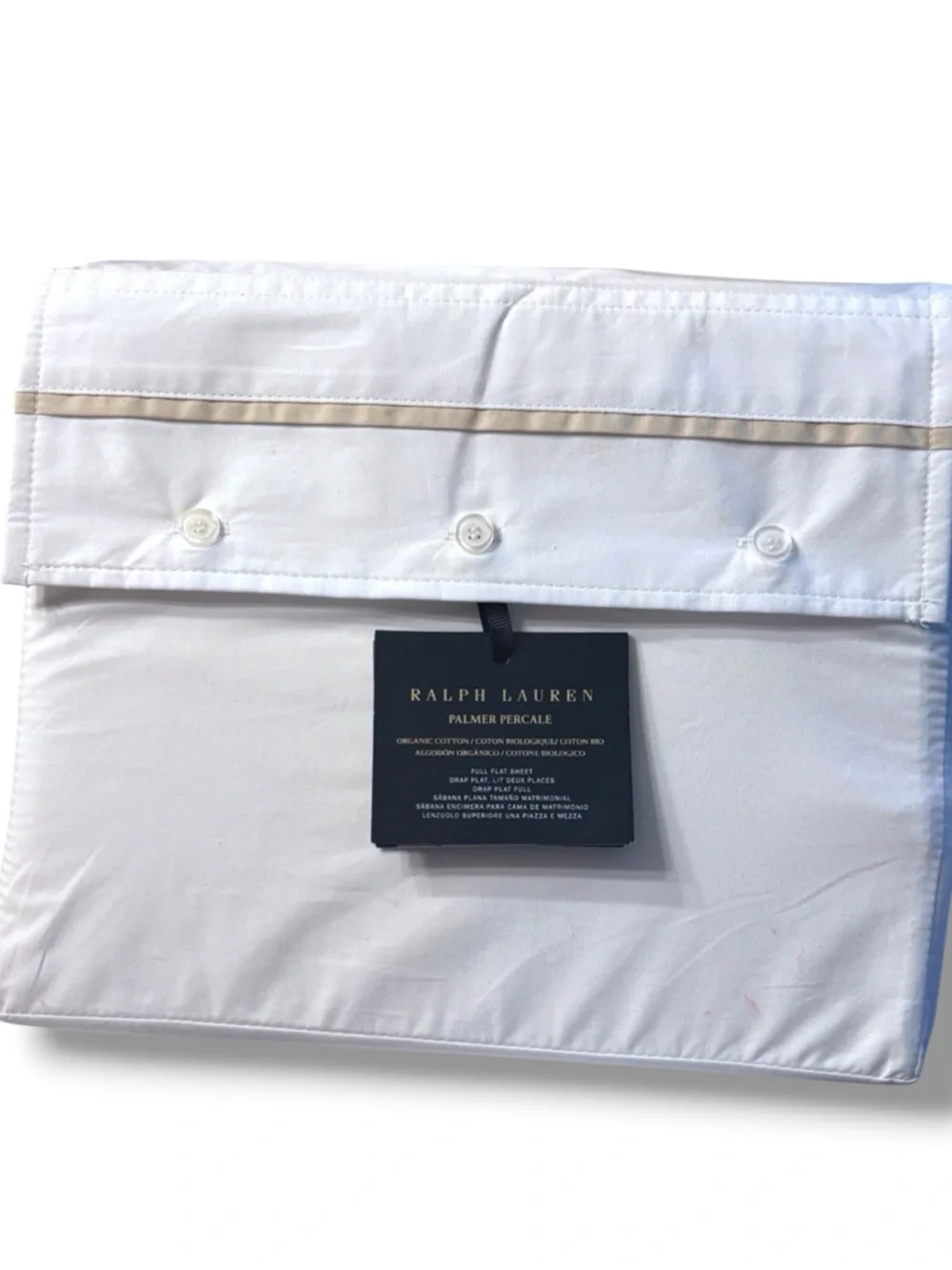 Ralph Lauren Palmer Organic Cotton Percale Full Flat Sheet 464TC Sand Dune Trim